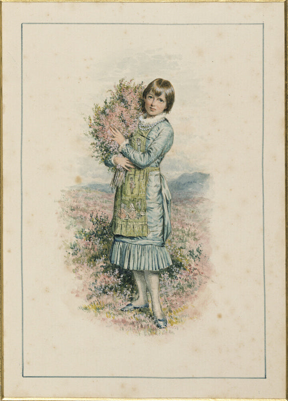 Painting of a young girl holding a bunch of pink heather with landscape in the background