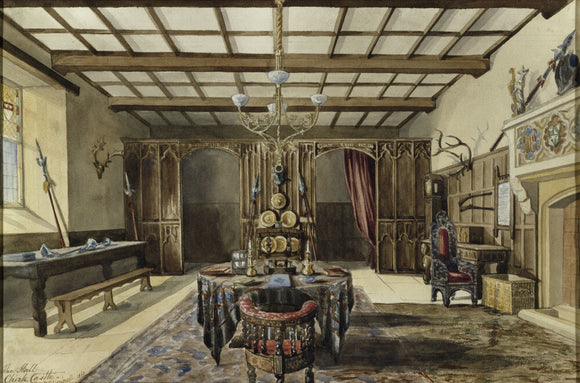 THE CROMWELL HALL, watercolour of the Hall, 1862, as remodelled by Pugin, in the Cromwell Hall at Chirk Castle