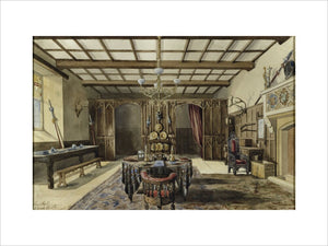 THE CROMWELL HALL, watercolour of the Hall, 1862, as remodelled by Pugin, in the Cromwell Hall at Chirk Castle