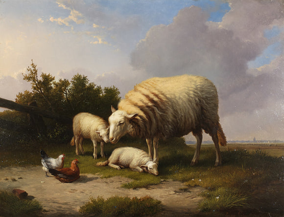 A Sheep, two Lambs, Cock and Hen in a Landscape