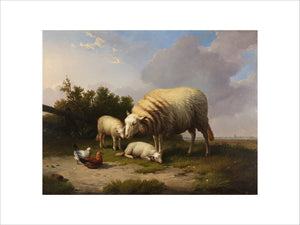A Sheep, two Lambs, Cock and Hen in a Landscape