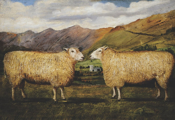 Two Sheep in profile, face to face, in a Lakeland Landscape...