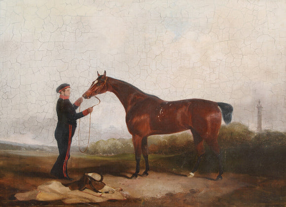 A Bay Mare held by a Military Groom in a Landscape