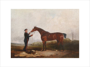 A Bay Mare held by a Military Groom in a Landscape