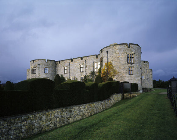 View of the east elevation of Chirk Castle with topiary