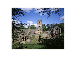 Fountains Abbey viewed from the south, the ruins are from a monastery founded in 1132 by Cistercian monks