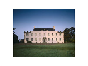 View of the east front of Ardress, showing the c18th limestone portico, quoins, urns, undulating coping stones