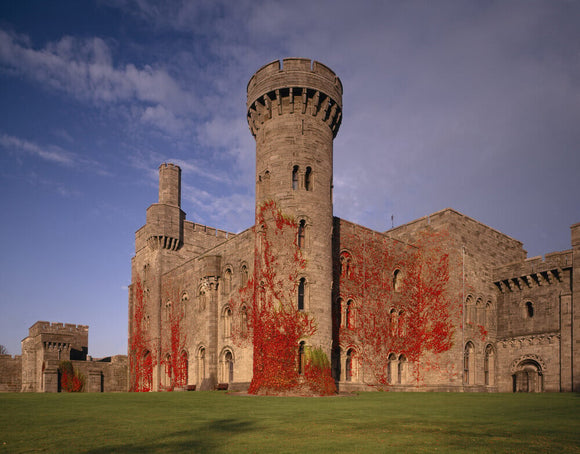 A red autumnal creeper covers the exterior walls of the Library and the passage to the Keep