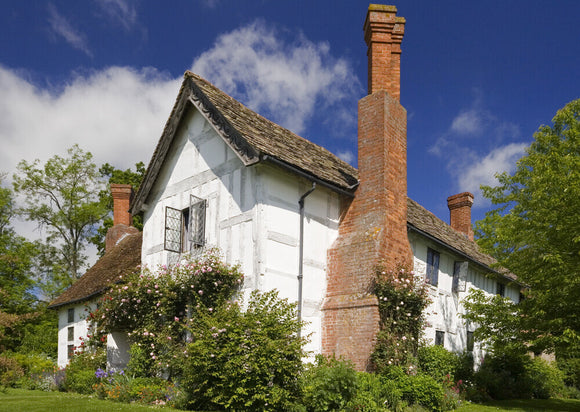 A chimney dominates the side of Lower Brockhampton House, the medieval manor house on the Brockhampton Estate in Worcestershire