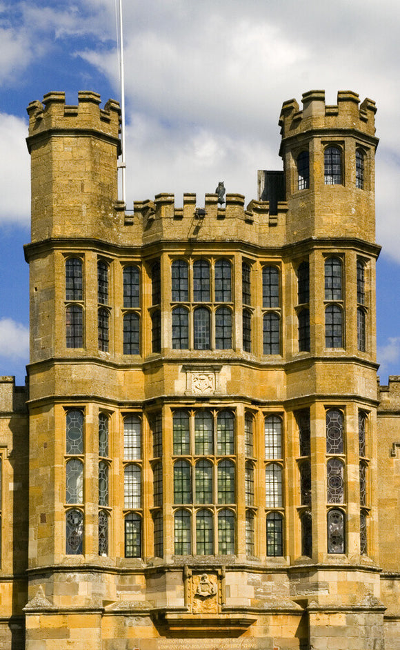 Close view of the top part of the sixteenth-century Gate Tower on the West Front at Coughton Court, Warwickshire