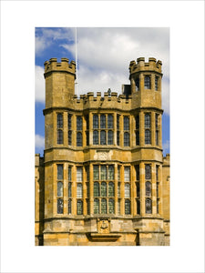 Close view of the top part of the sixteenth-century Gate Tower on the West Front at Coughton Court, Warwickshire