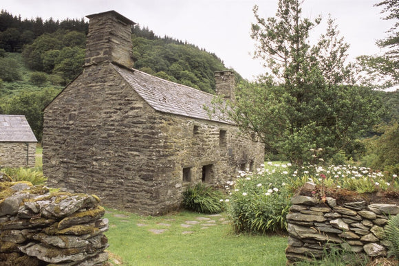 End on view of Ty Mawr in Wales, and outbuilding, restored to its probable 16th/17th century appearance