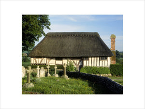 The west-facing front of the C14th timber framed house