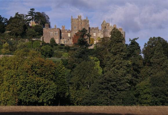 A general view of Dunster Castle from the south, with dense woodland in the foreground