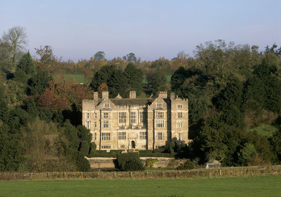 Long view of Fountains Hall in Studley Royal from road looking over fields, built by Stephen Proctor 1598-1604, partly with stone from abbey ruins