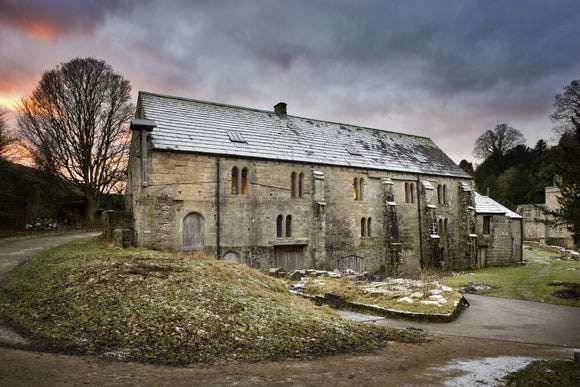 Winter view of Fountains Mill, the oldest building on the Fountains Abbey estate in North Yorkshire