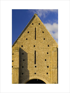 Close view of the end of the mid-thirteenth century monastic Great Coxwell Barn near Faringdon in Oxfordshire
