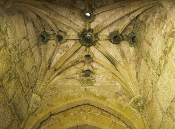 Murder holes in the vaulted celing of the Gatehouse at Bodiam Castle, East Sussex