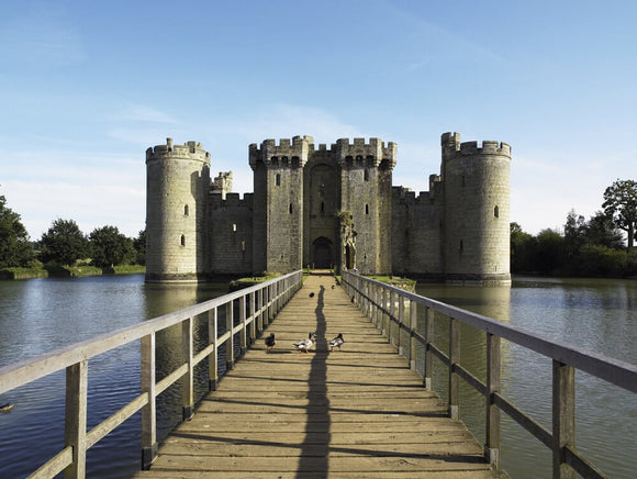 View along the bridge, leading to Bodiam Castle, East Sussex, built between 1385 and 1388