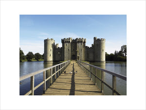 View along the bridge, leading to Bodiam Castle, East Sussex, built between 1385 and 1388
