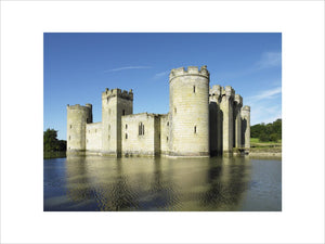 A view across the moat to the East and North Ranges of Bodiam Castle, East Sussex, built between 1385 and 1388