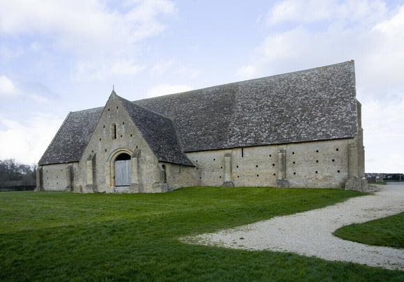 The Great Barn at Great Coxwell, a thirteenth-century Cistercian monastic barn with a stone-tiled roof, Oxfordshire