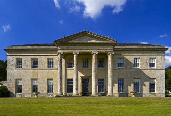 The South front of Philipps House, designed in 1820 by Jeffry Wyatville for William Wyndham in neo-Grecian style, set in Dinton Park, Salisbury, Wiltshire