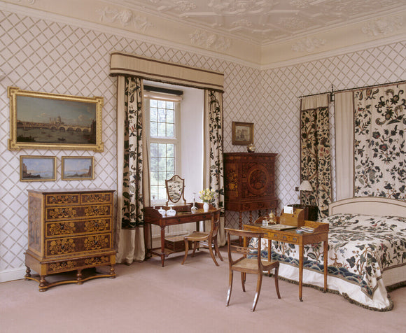 The West Turret Bedroom at Blickling Hall, with modern bed and late C17th