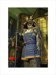 Close view of part of the remarkable collection of Japanese Samurai armour from the C17th to C19th, in the Green Room at Snowshill Manor
