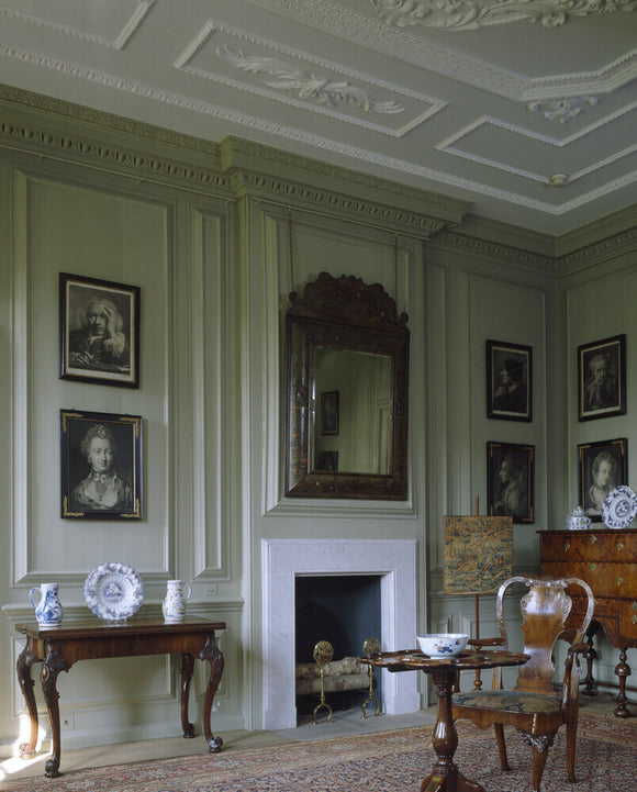 A corner of the Green Room at Mompesson House, showing the bolection panelling