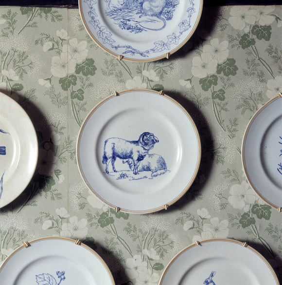 Close shot of one of the 8 plates painted with animals and birds by her father, Rupert, at Hill Top, the home of Beatrix Potter in Sawrey, Cumbria