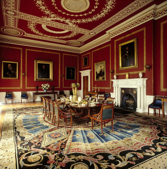 Dining Room from the Entrance Hall door to Inner Library door, with a suite of dining chairs by Gillows, English carpet C1800, French ormolu tableware and plaster ceiling by Joseph Bromfield