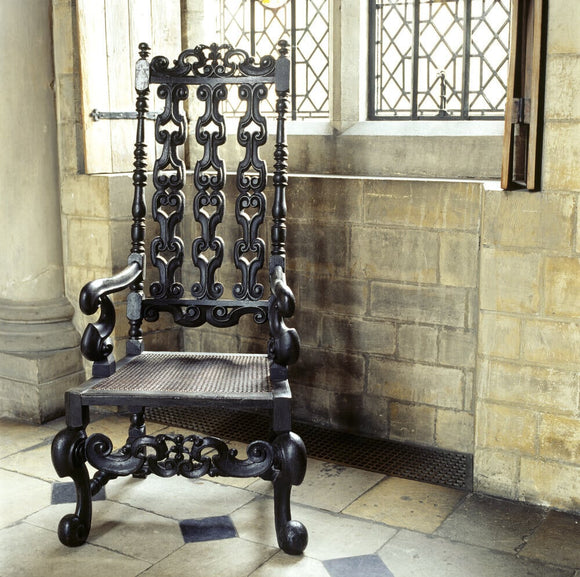A carved armchair in the Great Hall of the Treasurer's House