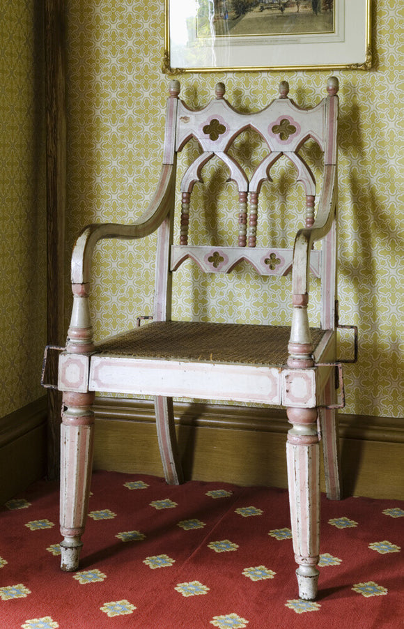 Neo-Gothic chair painted with Disraeli's colours, made by Messrs Skull of High Wycombe