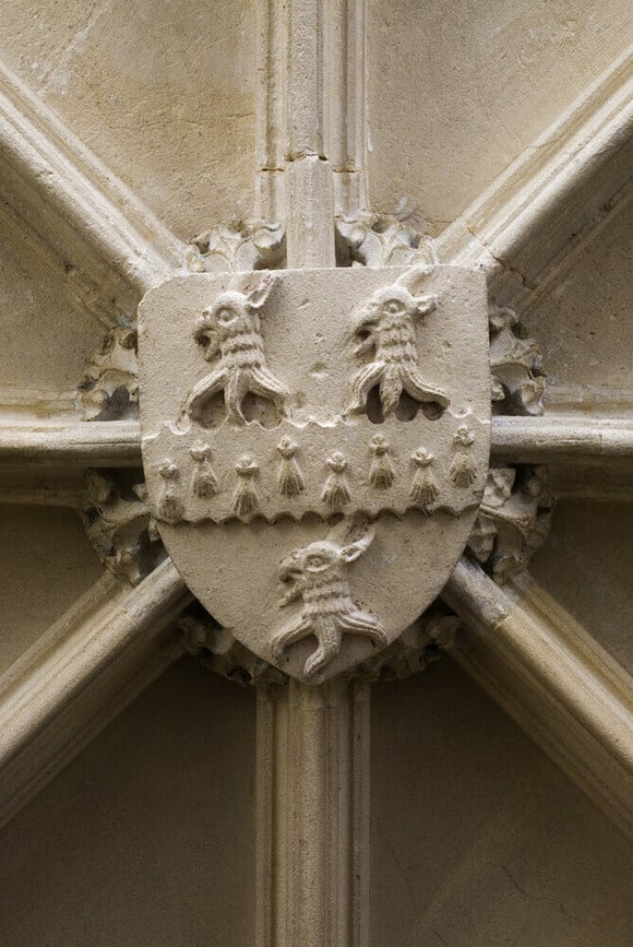 Coat of arms on the ceiling of the Hall Annex at Great Chalfield Manor, Wiltshire