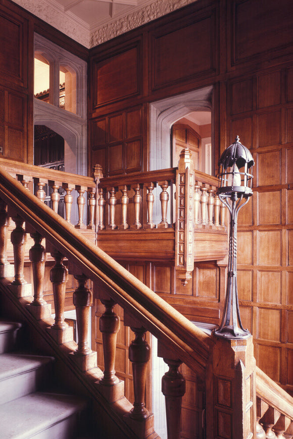 Barry's Staircase at Gawthorpe Hall with oak panelling all round