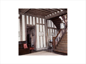 View of the timber beamed Hall and Staircase at Paycockes