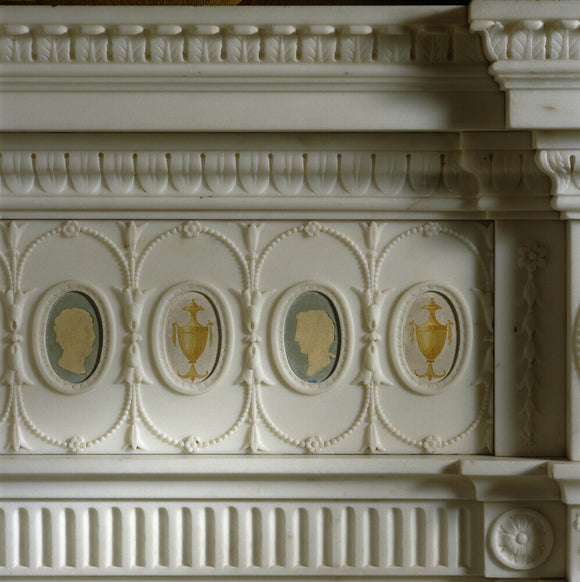 Part of the cameo decoration on the chimneypiece in the Tapestry Room at Osterley Park