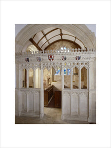 Carved stone screen in the Parish Church of All Saints at Great Chalfield Manor, near Melksham, Wiltshire