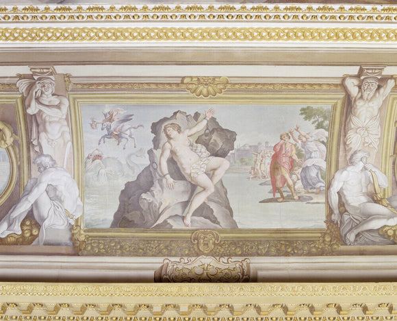 Ceiling fresco depicting Perseus and Andromeda painted by Guiseppe Mattia Borgnis (1701-61) after a painting in the Palazzo Farnese in Rome in the Ionic Temple at Rievaulx Terrace