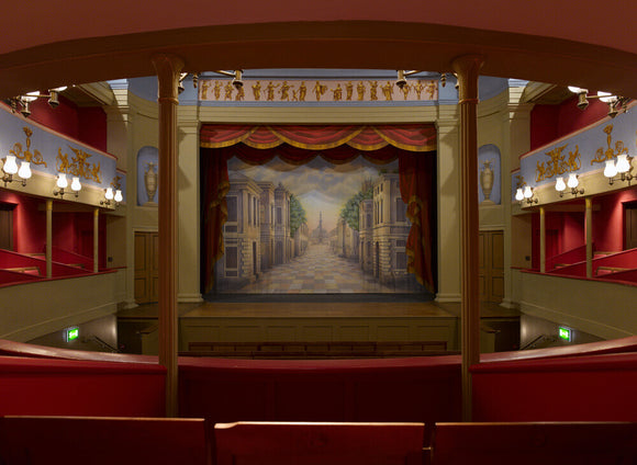 View towards the stage and safety curtain at the Theatre Royal, Bury St Edmunds, Suffolk
