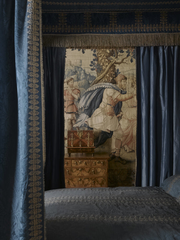 A view through the bed hangings in the Blue Room at Hardwick Hall, Derbyshire
