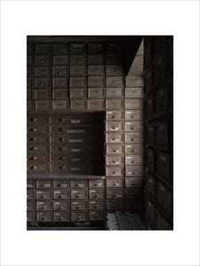 Close view of the wooden drawers in the Muniment or Evidence Room at Hardwick Hall, Derbyshire