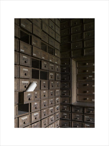 Close view of the wooden drawers in the Muniment or Evidence Room at Hardwick Hall, Derbyshire