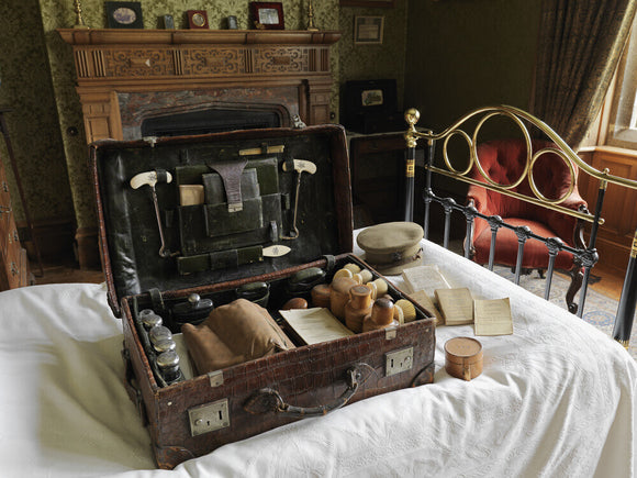 The travelling case used by Tommy Robartes during his time with the Coldstream Guards in the First World War, in his bedroom at Lanhydrock, Cornwall