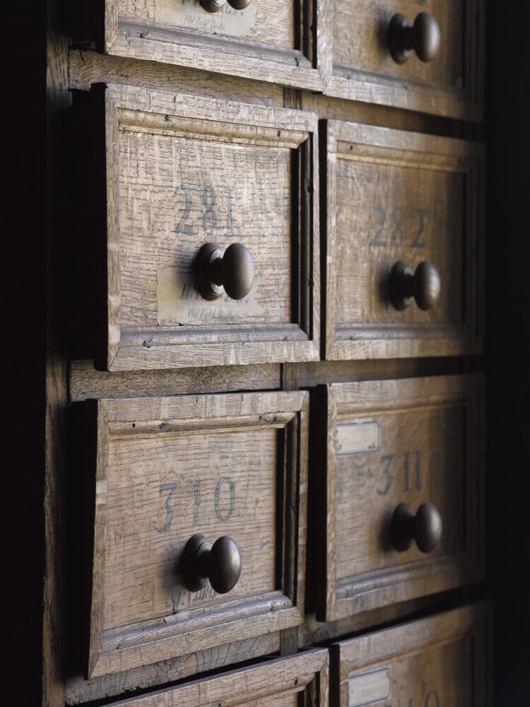 Close view of the wooden drawers in the Muniment or Evidence Room at H ...