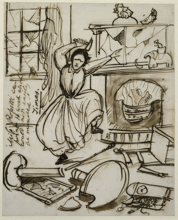 A pen & ink cartoon caricature of Christina Rossetti by her brother Dante Gabriel Rossetti 1862, at Wightwick Manor, West Midlands